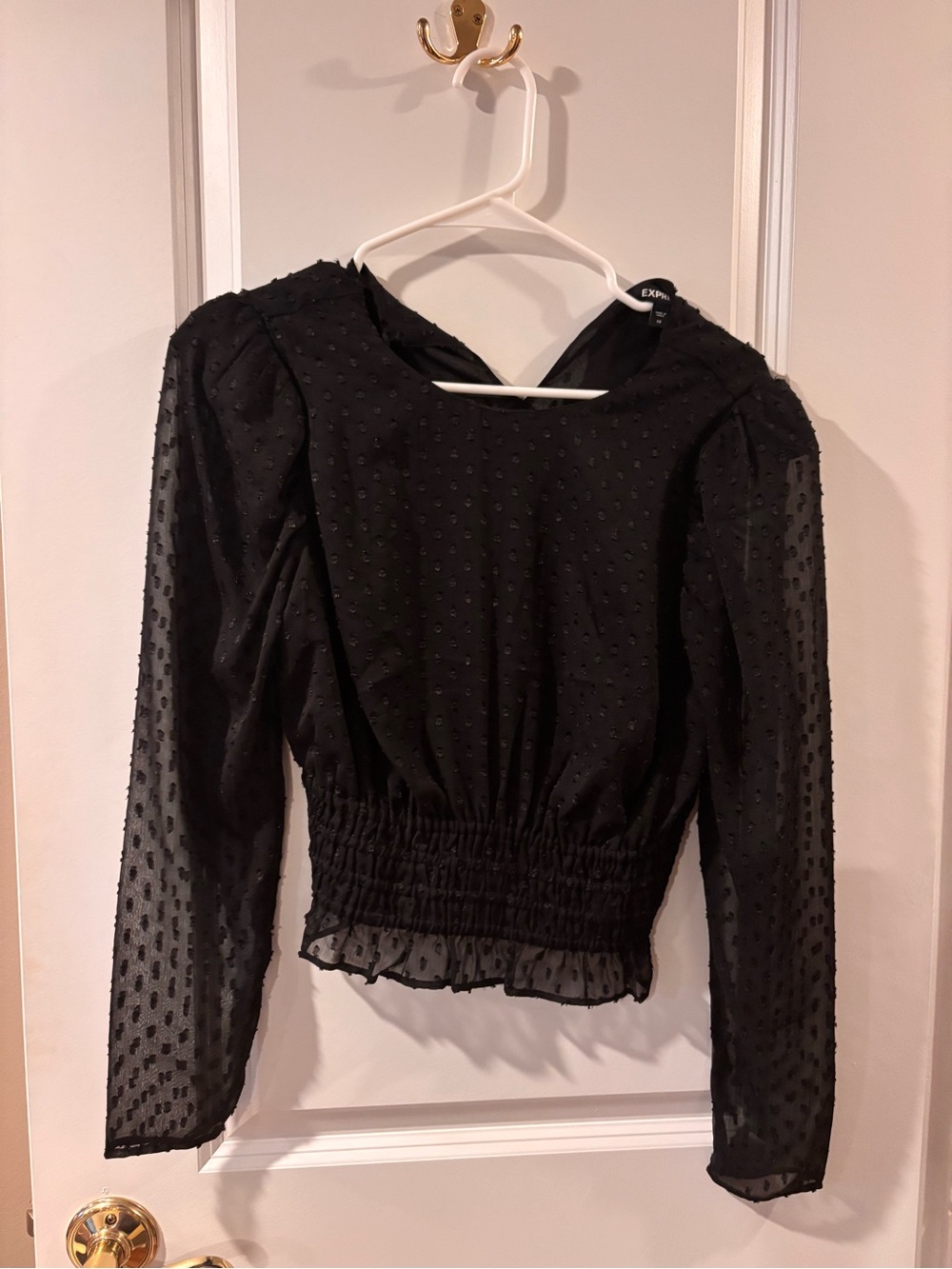 Express Black Swiss Dot Sheer Long-Sleeve Smocked Waist Blouse